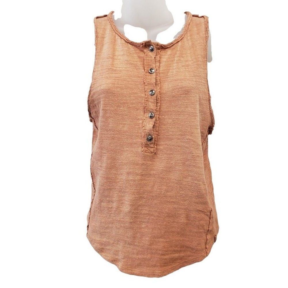 Free‎ People Henley Tank Top Women's XS Brown White Wide-Armhole Cotton NEW